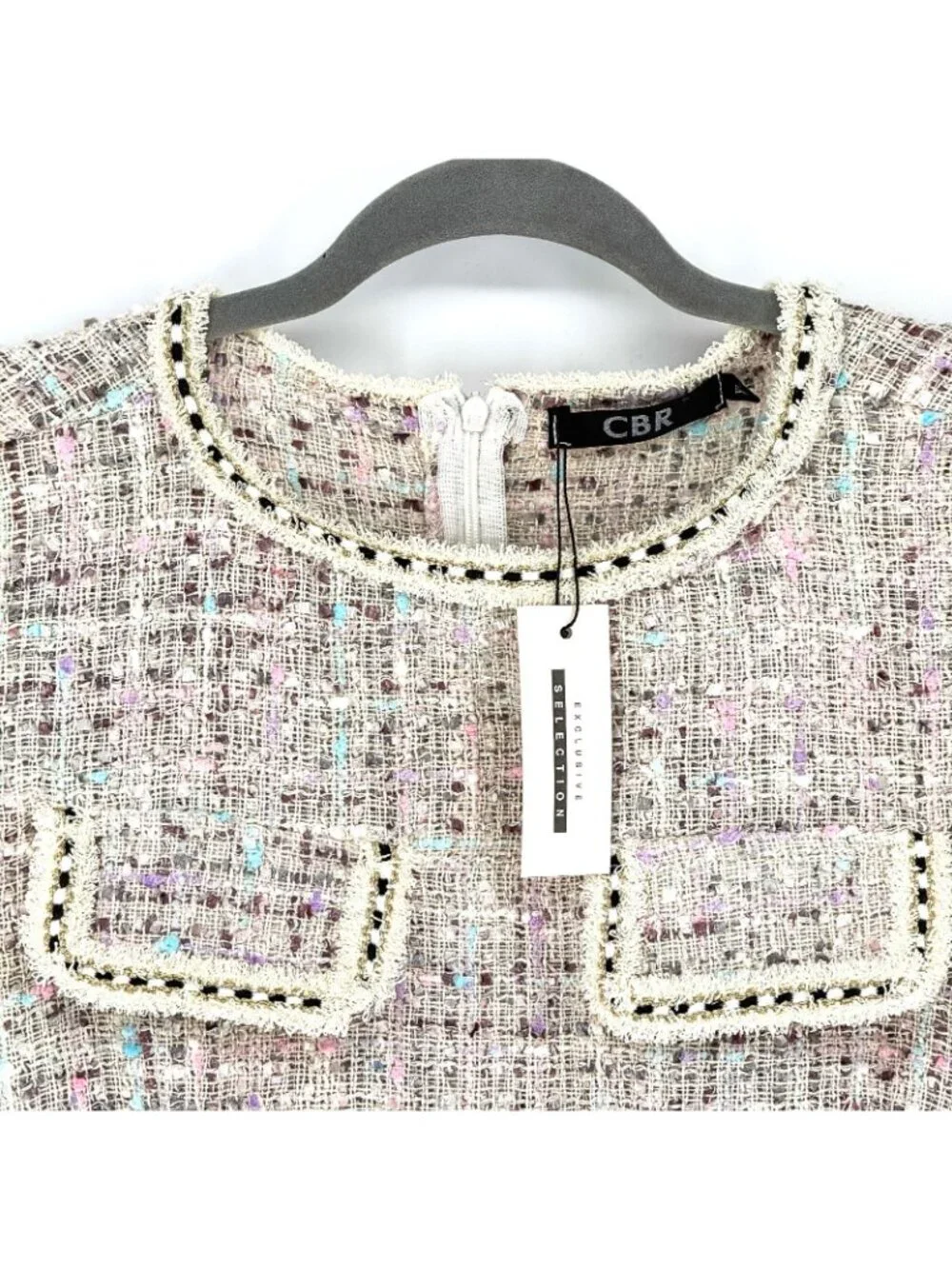CBR Chic Boutique Tweed Dress Women’s XL Long Sleeve Textured Cream Multi Pocket